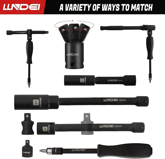 LLNDEI 3/8”Drive Impact Socket Set,Standard SAE(5/16 to 3/4-Inch) Metric Size(8-22mm), 95 Piece, CR-V Steel Deep&Shallow Kit, Adapters, Ratchet Handle, Screwdriver Bit Set, Spark Plug Socket, 6 Point