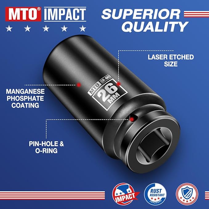 MTO 1/2" Drive 26mm Deep Impact Socket, 6 Pt. Metric Socket, CR-MO Steel & Anti-Corrosion Coating for Heavy-Duty Use