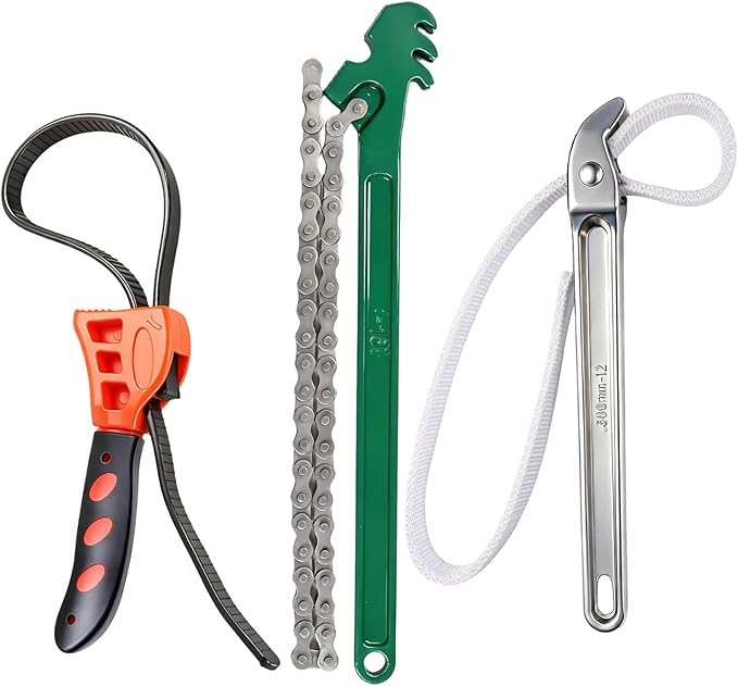 3 Piece Wrench Set:16" Heavy Duty Ratcheting Chain Wrench,12" Aluminum Nylon Strap &6" Rubber Strap Wrench Plumbing,Non-Slip,Complete Spanner Tool Kit for Oil Filter& Household