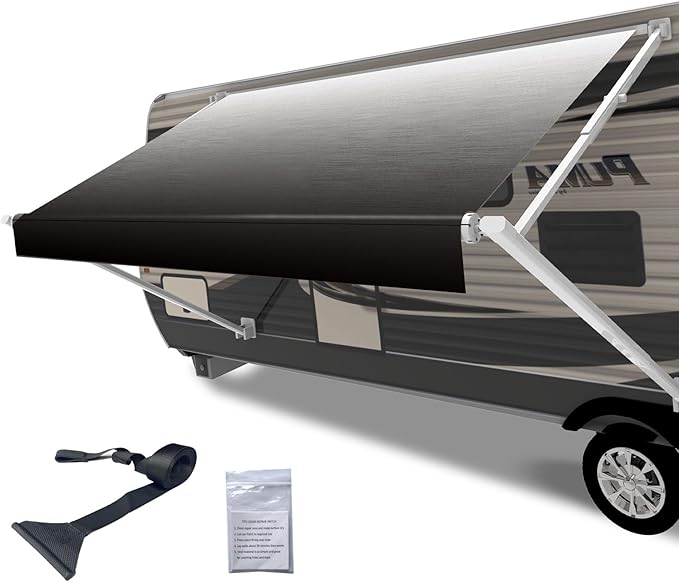 RV Awning Fabric Replacement,18.5oz Heavy-Duty Vinyl Camper Awning Replacement,RV Canopy Replacement,Trailer Awning Universal for Camper Travel Trailers,Black Fade 11'(Fabric 10'2")