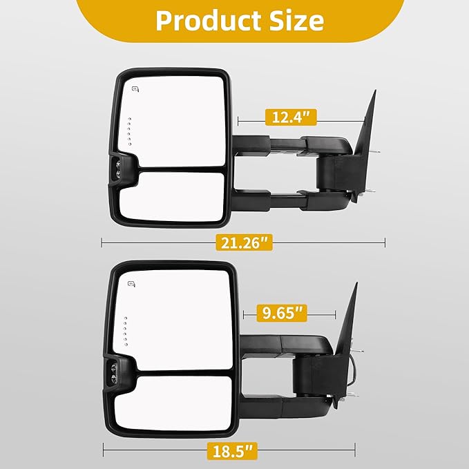 DWVO Power Heated Towing Mirrors for 2003–2007 Chevy Silverado, GMC Sierra, Tahoe, Suburban, Avalanche, Yukon XL, & Denali, Extendable Telescoping LED Turn Signal Pair, Black