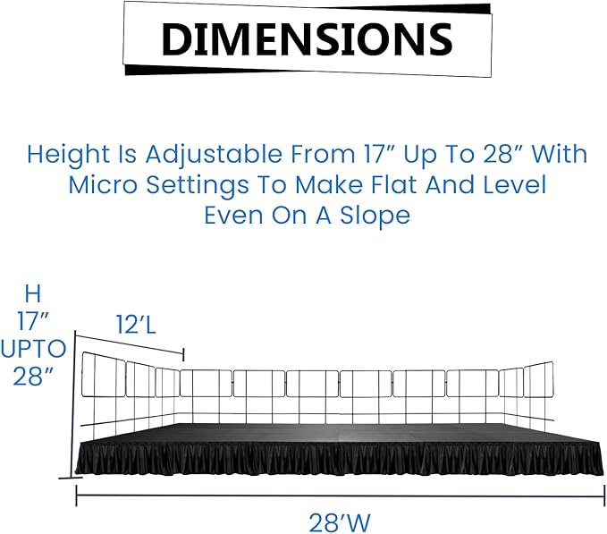 12x28' Portable Stage with 21 Stages, 11 Railings & 8 Skirts - Versatile Platform Modular System - DJ, Drum, Camera Stage Riser - Easy to Carry & Transport