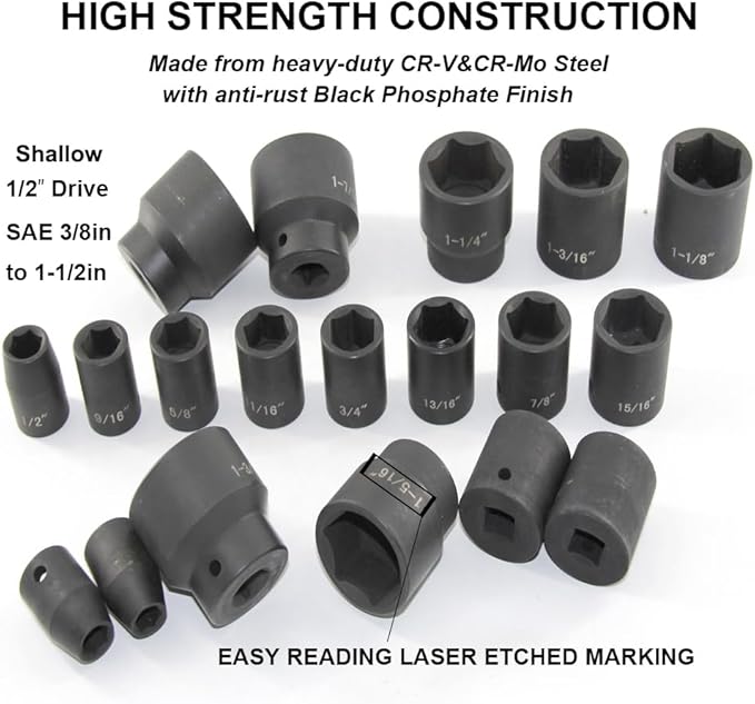 MacWork 19 Piece 1/2-Inch Drive Standard/Shallow Impact Socket Set, SAE, 3/8" to 1-1/2", CR-V&Cr-Mo Alloy Steel, 6-point Hex Radius Corner Design
