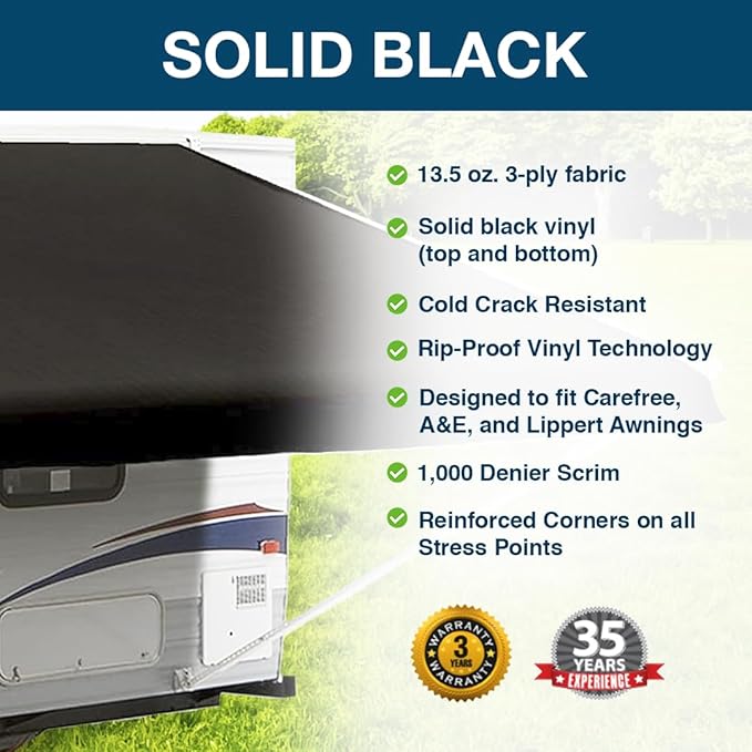 Shade Pro RV Awning Fabric Replacement | Durable Premium Grade Vinyl (18' [Fabric 17' 2"], Solid Black) Camper Shade Awning Canopy