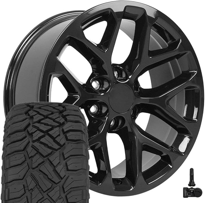 OE Wheels CV98B 20 Inch Rims and Tires Fit Silverado 1500 Snowflake Style 6x139.7 20x9 Gloss Black - Hollander 5668 - TerraMax RT 275/55-20 (Set of 4)