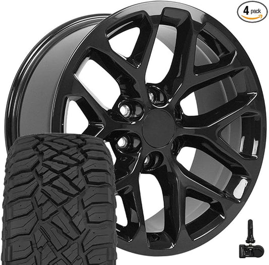 OE Wheels CV98B 20 Inch Rims and Tires Fit Silverado 1500 Snowflake Style 6x139.7 20x9 Gloss Black - Hollander 5668 - TerraMax RT 275/55-20 (Set of 4)