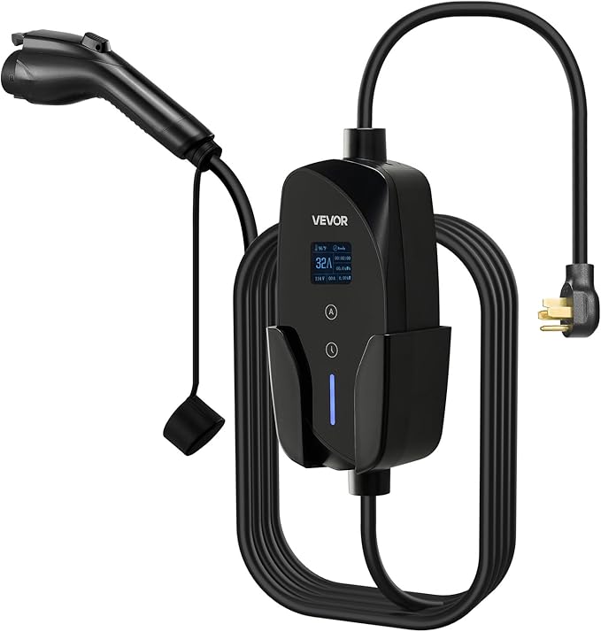 VEVOR Level 2 EV Charger, 32 Amp Adjustable Current, 240V Electric Vehicle Portable Charger with 25 ft Charging Cable, NEMA 14-50P Plug, LCD Display, Plug-in Home Car Charging Station for SAE J1772 EV