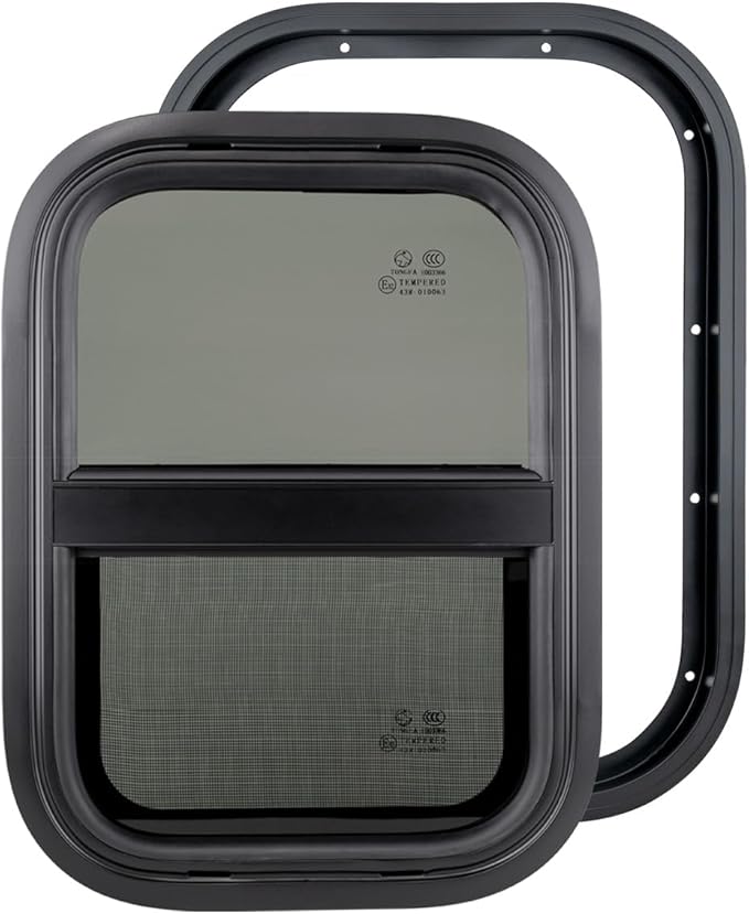Dulepax Vertical RV Window, 14" W x 16" H Tinted Slide Trailer Window, Tempered Glass Camper Window Replacement with Net Screen and Trim Ring, DOT Approved