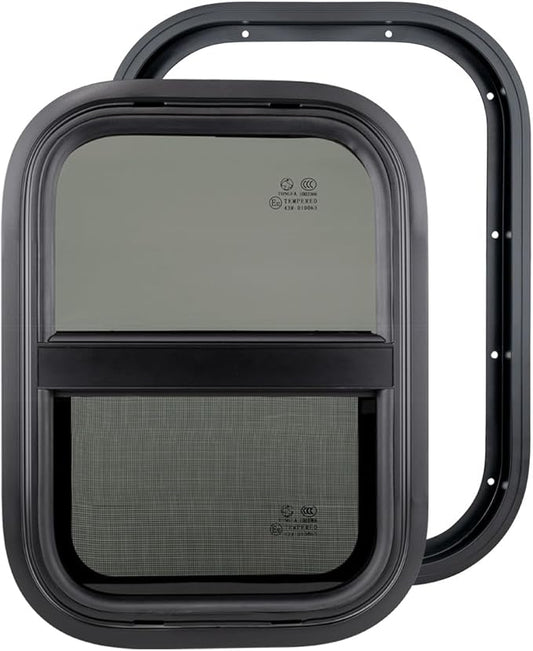 Dulepax Vertical RV Window, 14" W x 16" H Tinted Slide Trailer Window, Tempered Glass Camper Window Replacement with Net Screen and Trim Ring, DOT Approved