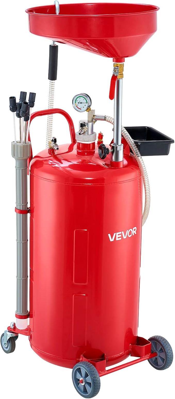 VEVOR 21 Gallon Waste Oil Drain Tank, Air Operated Portable Oil Drainer with Adjustable Funnel Height, Industrial Fluid Drain Tank with Wheels, Fluid Fuel Transfer Drainage for Auto Repair Shops, Red