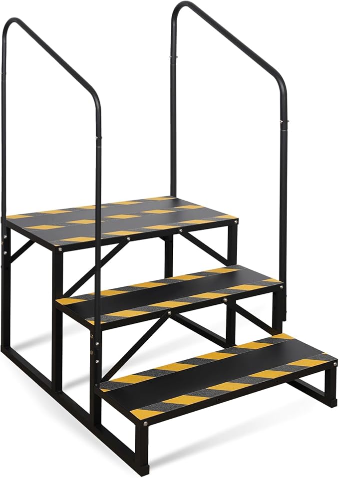 3 Step RV Stairs, Hot Tub Steps, Outdoor Spa Step Ladder with Double Handrail,Portable Economy 5th Wheel Stair for Travel Trailer, Motor Home, Camper and Porch with Non-Skid Tapes