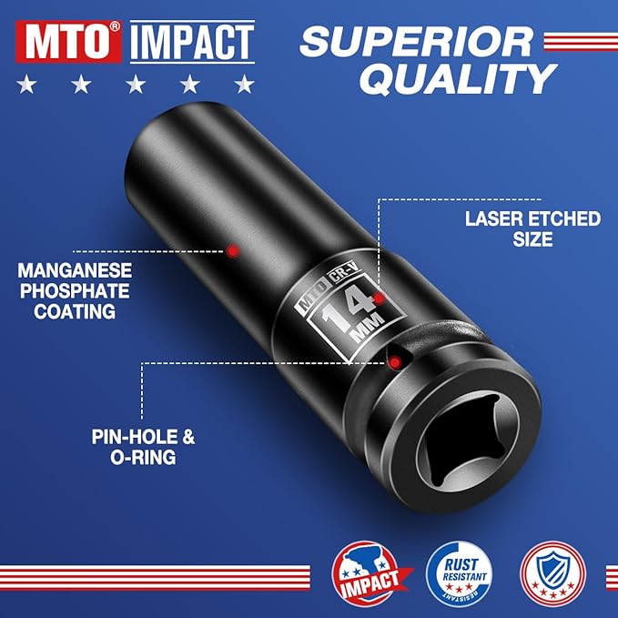MTO 1/2" Drive 14mm Deep Impact Socket, 6-Point Metric Socket for Automotive Maintaince, CR-V Steel Meets ANSI Standards