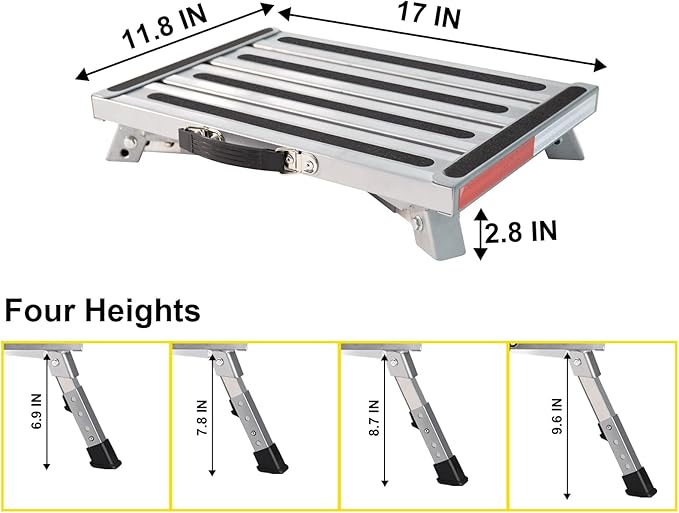 Safety RV Steps, Yagud Height Adjustable Folding Platform Step with 17" X 12" Anti-Slip Surface, Rubber Feet, Handle, Reflective Strips, and T Level, Aluminum RV Step Stool Supports Up to 1000lbs