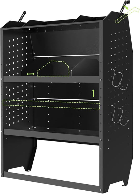 StarONE Cargo Van Shelving Storage Fit for Transit Connect 2014+,NV200,Chevy City Express, Promaster City with S-Shaped Hooks,Black,Steel,32" W x 43" H x 13" D