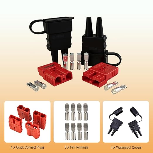 4 Pack 50AMP Battery Quick Connect Disconnect Kit - 6 Gauge Wire Harness Plug Set for Winch, RV, Truck, Car, ATV, Motor - Heavy Duty Power Connector with Cables (Red, Waterproof)