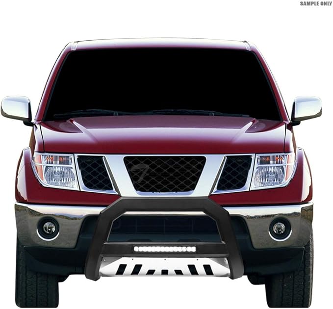 Matte Black AVT Style Aluminum LED Light Bull Bar Brush Push Front Bumper Grill Grille Guard with Stainless Skid Plate Compatible with 07-09 Jeep Wrangler JK