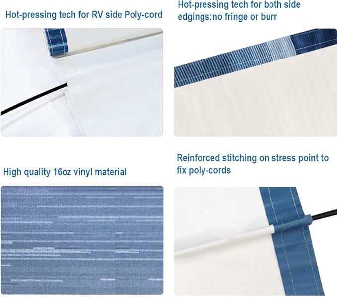 Suncode RV Awning Fabric Replacement Waterpoof Universal Outdoors Canopy for Camper,Trailer,and Motorhome Awning Replacement Premium Grade Vinyl RV Canopy Replacement 15'(Fabric 14'2") Blue Strip