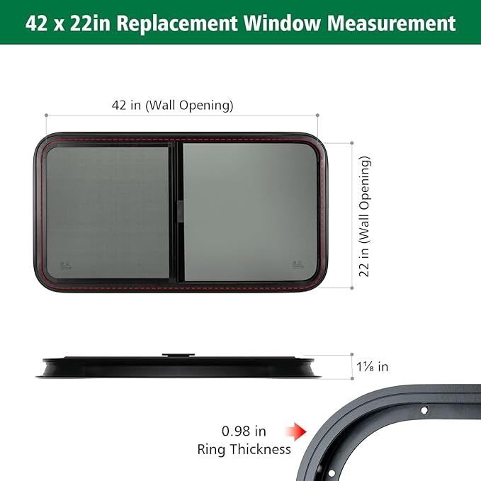 Dulepax Horizontal RV Window, 42" W x 22" H Tinted Slide Trailer Window, Tempered Glass Camper Window Replacement with Net Screen and Trim Ring, DOT Approved