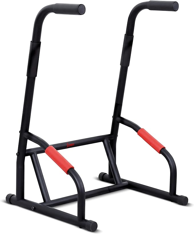 Sunny Health & Fitness Power Tower, Dip Bar, Push-Up & Pull Up Assisting Parallette Station w Optional Rock Climbing Grip Trainer