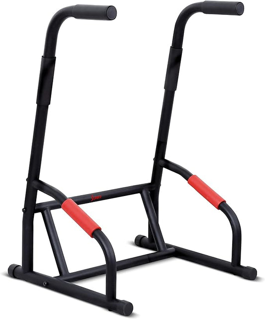 Sunny Health & Fitness Power Tower, Dip Bar, Push-Up & Pull Up Assisting Parallette Station w Optional Rock Climbing Grip Trainer