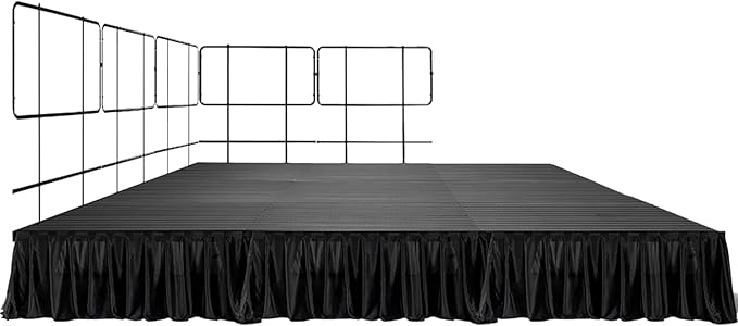 12'x12' Portable Stage with 5 Railings & 3 Skirts - Versatile Platform Modular System - DJ, Drum, Camera Stage Riser - Easy to Carry & Transport
