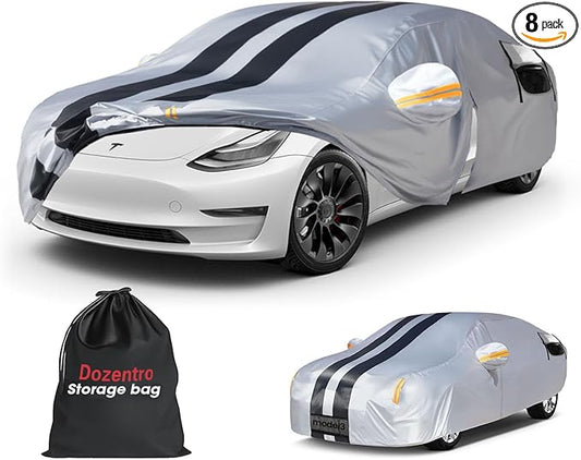 10 Layers Car Cover Custom Fit for Tesla Model 3 2017-2026 100% Waterproof All Weather Automobiles, Gift with Towel, Heavy Duty Car Covers for Rain Sun UV Protection with Door Zipper.