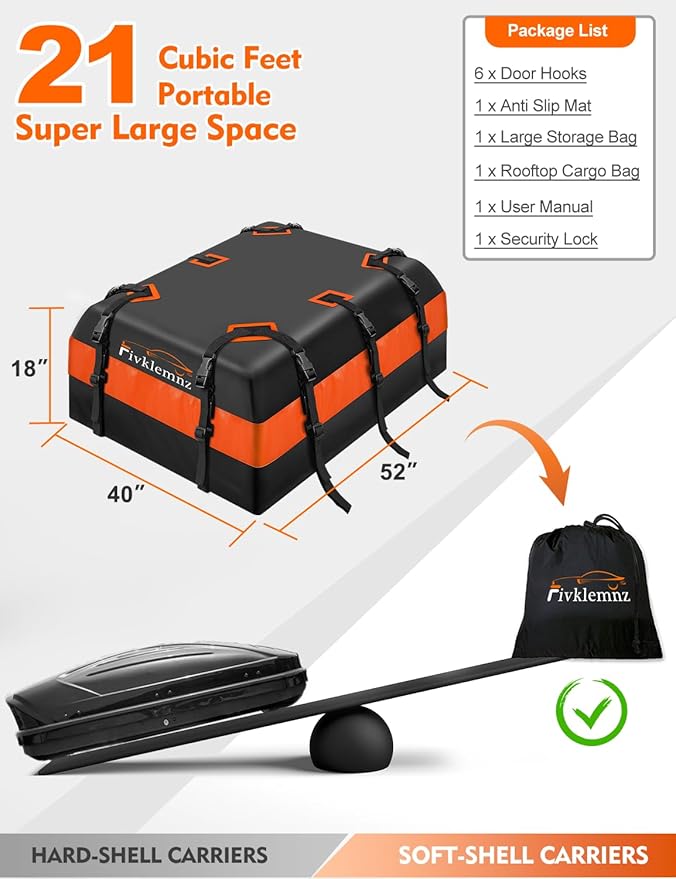 FIVKLEMNZ 21 Cubic Car Rooftop Cargo Carrier Roof Bag Waterproof for All Top of Vehicle with/Without Rack Includes Topper Anti-Slip Mat + Reinforced Straps + 6 Door Hooks + Luggage Lock