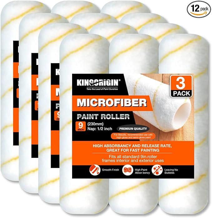 King Origin 9 Inch Microfiber Paint Roller Covers 1/2 Nap - 12 Pack, Professional Wall & Ceiling Paint Supplies, Paint Roller Naps for Roller Frame, No Drip Painting Tools for Home