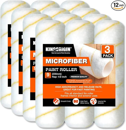 King Origin 9 Inch Microfiber Paint Roller Covers 1/2 Nap - 12 Pack, Professional Wall & Ceiling Paint Supplies, Paint Roller Naps for Roller Frame, No Drip Painting Tools for Home