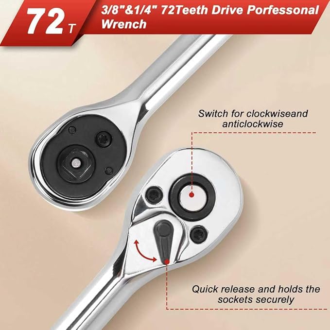 117 Pieces 1/4 and 3/8 inch Drive Socket Ratchet Wrench Set, Metric/SAE Size, with Bit Socket Set and Extension Bar for Auto Repairing and Household, with Storage Case