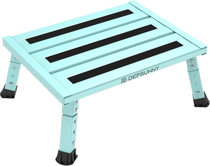 Adjustable Height Aluminum RV Step, Stable Foldable Platform Step Stool, Supports Up to 1,000 lb, Non-Slip Rubber Feet and Platform Mat, Easy to Carry (Green)