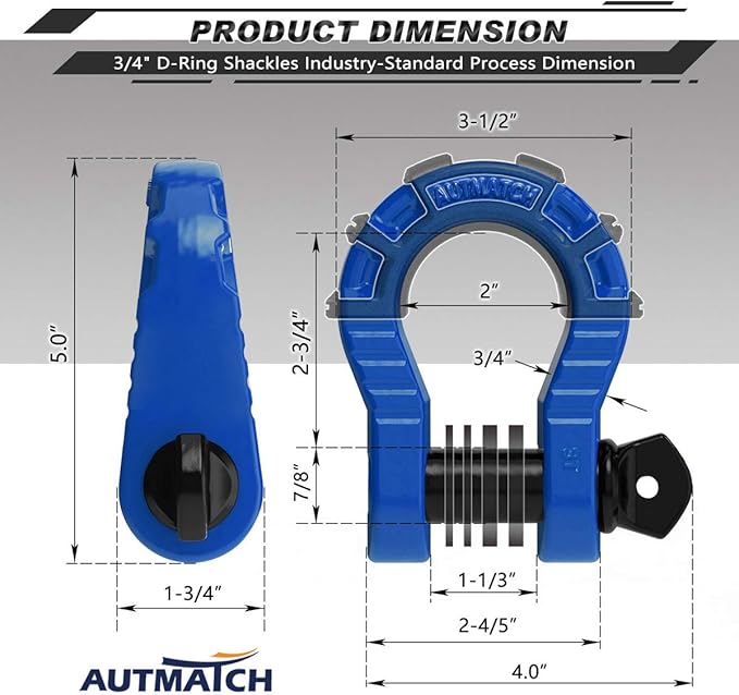 AUTMATCH D Ring Shackles 3/4" Mega Shackle (2 Pack) 68,000Ibs Break Strength - Heavy Duty Clevis Shackles with 7/8" Screw Pin and Isolator Washer for Tow Strap Winch Off Road Vehicle Recovery, Blue
