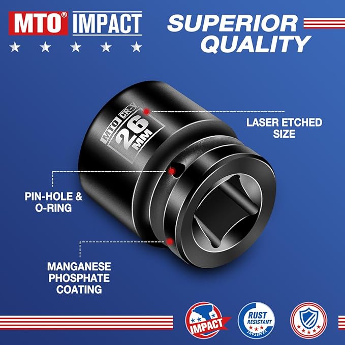MTO 1/2" Drive 26mm Shallow Impact Socket, 6-Point Metric Socket for Automotive Maintaince, CR-V Steel Meets ANSI Standards