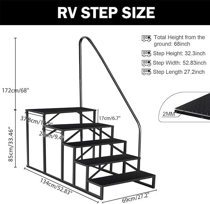 RV Steps with Handrail, 5 Step RV Stairs 660 lbs Load Capacity, Step Ladder with Anti-Slip Panel, Mobile Home Stairs for Travel Trailers