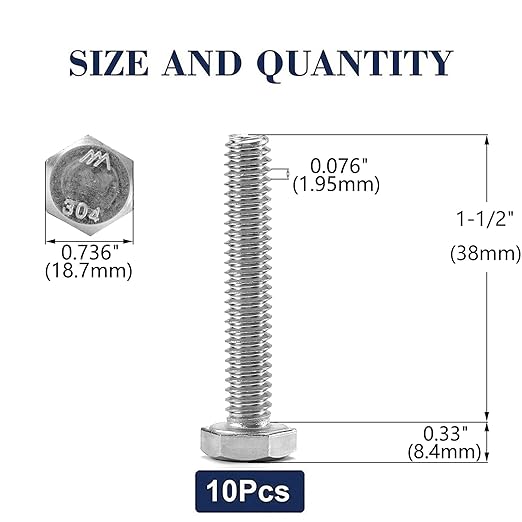 1/2-13 x 1-1/2" Hex Head Screw Bolt, 10Pcs 18-8 (304) Stainless Steel, Fully Threaded, Plain Finish, by SG TZH