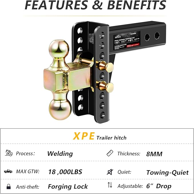 Adjustable Trailer Hitch, Fits 2.0-Inch Receiver, 6-Inch Drop/Rise,2"" & 2-5/16"" Ball Hitches for Trucks, 18,000 LBS GTW - Receiver Hitch with Anti-Theft Pin, Solid Ball Mount, BLK,X-452006