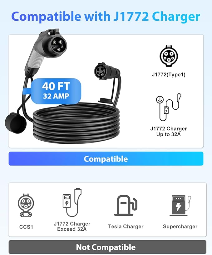 EV Charger Extension Cord, J1772 Extension Cable 32A 40FT Charging Cable for Electric Vehicle 110V-240V Compatible for All SAE J1772 Chargers(32A - 40FT)