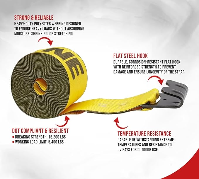 Mytee Products (20 Pack) Kinedyne (423021) 4" x 30' Winch Strap with Flat Hook - Gold