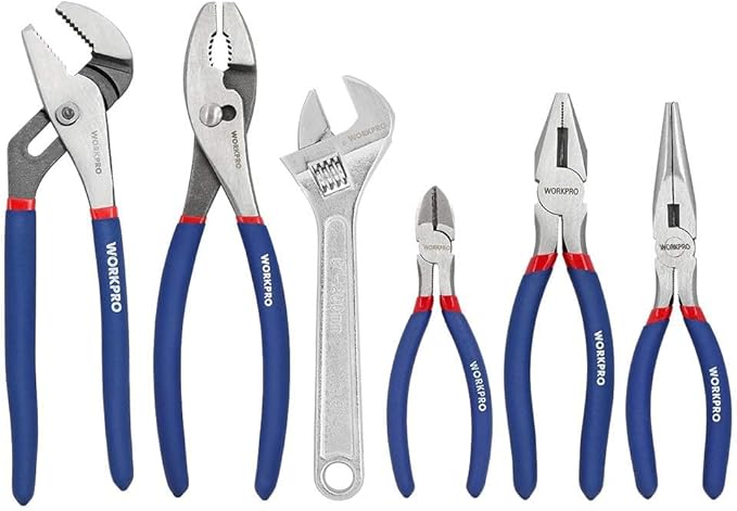WORKPRO Large Pliers & Wrench Set 6-Piece (10" Water Pump, 10" Slip Joint, 8" Long Nose, 8" Linesman, 6" Diagonal, 8" Adjustable Wrench) for DIY & Home Use, W001329A