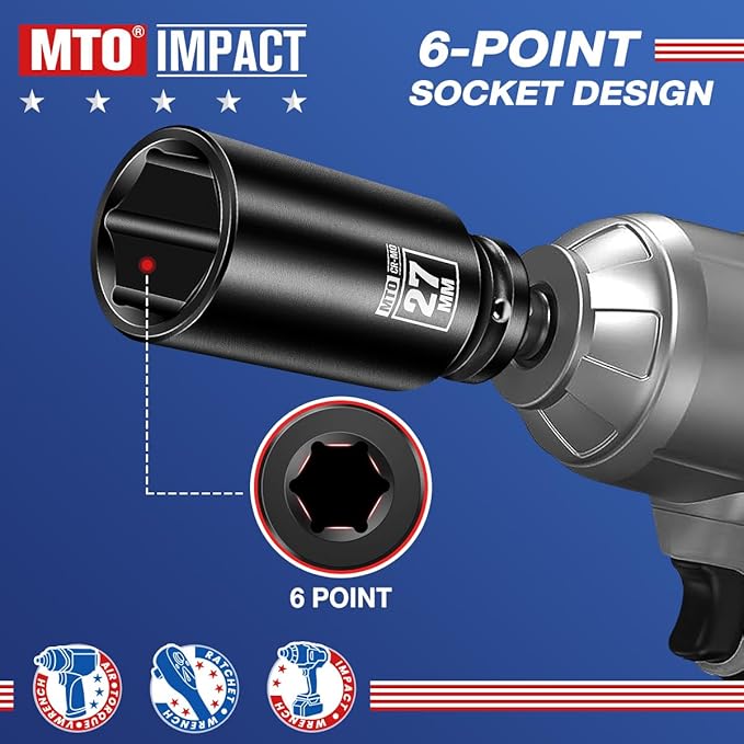 MTO 1/2" Drive 27mm Deep Impact Socket, 6 Pt. Metric Socket, CR-MO Steel & Anti-Corrosion Coating for Heavy-Duty Use