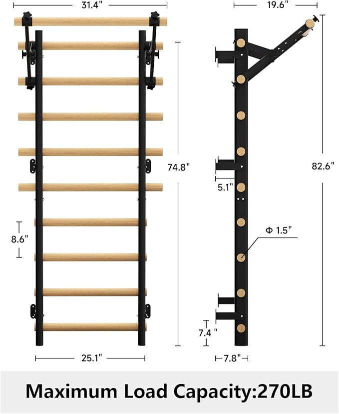 Swedish Ladder Wall Gym, Wooden Wall-Mounted Stall Bars with Pull-up Bar & Exercise Straps & Dip Bars, Stretching Ladder Full Body Home Gym for Adults