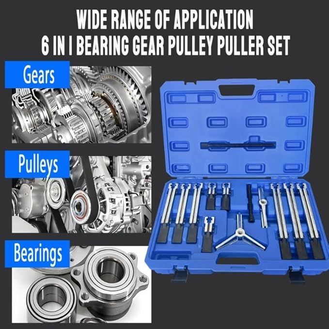 Gear Puller Set, 6 in1 Bearing Puller Kit, 13Pcs 2 Jaw & 3 Jaw Gear Puller with Reversible Jaws, Heavy Duty Cr-V Steel Pulley Flywheel Puller Tool for Bearing Gear Pulley Flywheel Removal