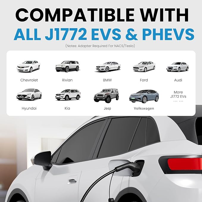 Level 1 and Level 2 Portable EV Charger J1772 16 Amp Charging Cable - Dual Voltage 120V 240V Home EV Charging Station, 3.8 kW, Adjustable 8 to 16A, ETL Listed, FCC Part 15, NEMA Type 4, 25 ft Cable