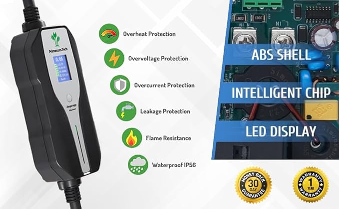 PRIMECOMTECH Primecom.Tech Level 2 Electric Vehicle (EV) Charger Amperage Adjustable (10Amp - 16Amp - 20Amp - 24Amp - 32Amp) 30Ft Cable EVSE Plug-in Hybrid (40 FT, 10-30P)