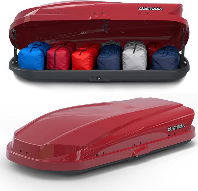 Roof Cargo Box, Dual-Side Opening Design, 14 Cubic Feet Capacity, Waterproof Hard-Shell Storage Box, Includes Straps and Spare Key,Ideal for Travel and Luggage Transport, Red (R62)