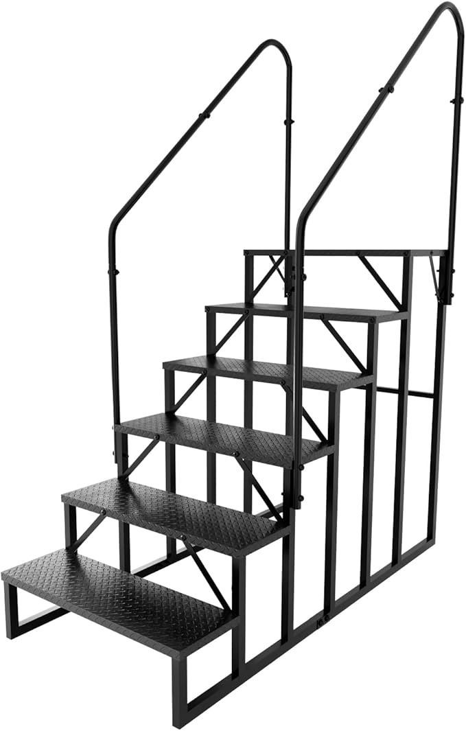 RV Steps with 2 Handrails, Hot Tub Steps Outdoor, 6 Step Ladder Stool, RV Stairs with Anti-Slip Panel, Camper Steps for Spa, Travel Trailers, Pool and Porch