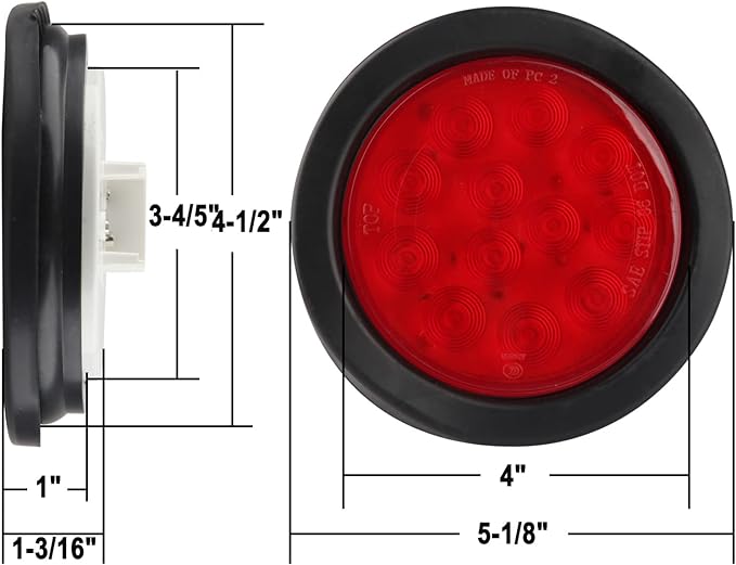 10Pcs 4 Inch Round Led Trailer Tail Lights Red 12 LED Waterproof 4" Round LED Stop Turn Tail Brake Light Marker Trailer Truck RV Lights Sealed Grommet Flush Mount w/3 Prong Wire Pigtails