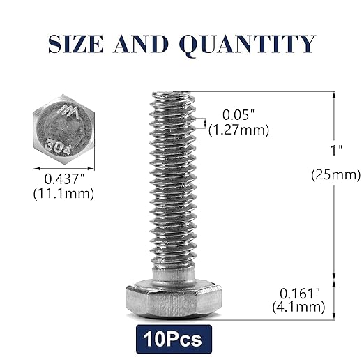1/4-20 x 1 Hex Head Screw Bolt, 10Pcs 18-8 (304) Stainless Steel, Fully Threaded, Plain Finish, by SG TZH