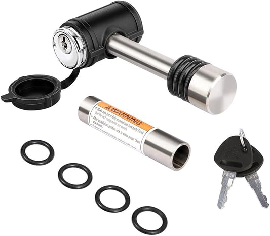 METOWARE Swivel Head Trailer Hitch Receiver Lock, Stainless Steel, 1/2" Diameter Pin Lock with 5/8" Adapter, 2-3/4" Pin Fits 2" Receiver, Class III & IV
