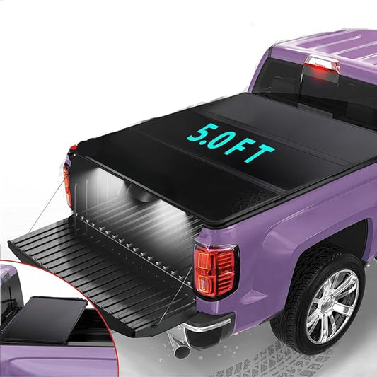 CAREONLINE New Black Hard Tri Fold Style Truck 5 Ft Bed Tonneau Cover W/LED Light Fits for 2015-2024 Che-v-y Colorado（OL-KR1010250321）